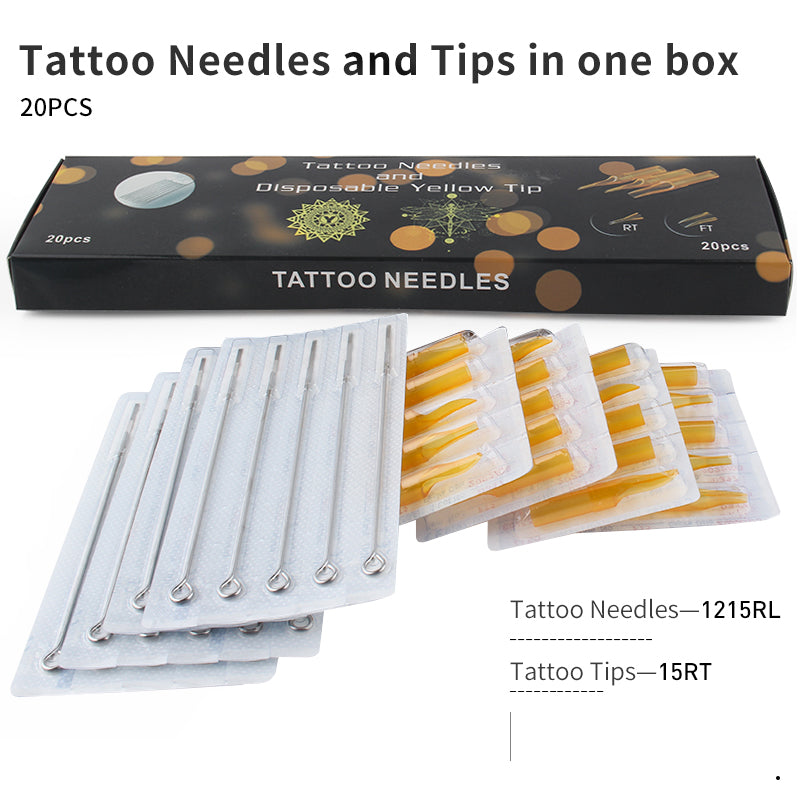 Tattoo Needles and Yellow Tips Mixed 40PCS Professional Tattoo Needle M1/RM/RL & Disposable Plastic Tattoo Tips FT/FT/RT With Box