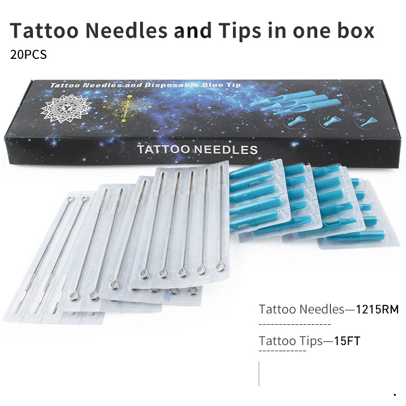 Tattoo Needles and Blue Tips Mixed 40PCS Professional Tattoo Needle M1/RM/RL & Disposable Plastic Tattoo Tips FT/FT/RT With Box