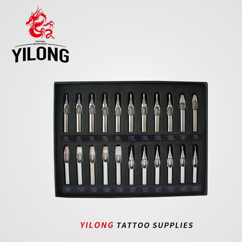YILONG Free Shipping New Disposable 22Pcs/lot Stainless Steel Tattoo Tips Set Kit For Grip Machine Tattoo & Body Art
