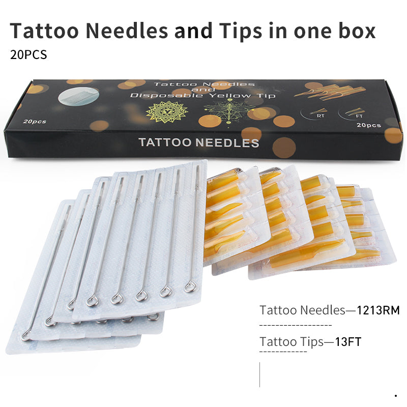 Tattoo Needles and Yellow Tips Mixed 40PCS  Professional Tattoo Needle M1/RM/RL & Disposable Plastic Tattoo Tips FT/FT/RT With Box