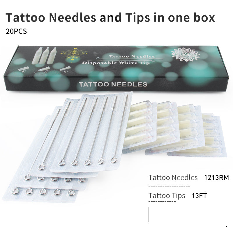Tattoo Needles and White Tips Mixed 40PCS- Professional Tattoo Needle M1/RM/RL & Disposable Plastic Tattoo Tips FT/FT/RT With Box