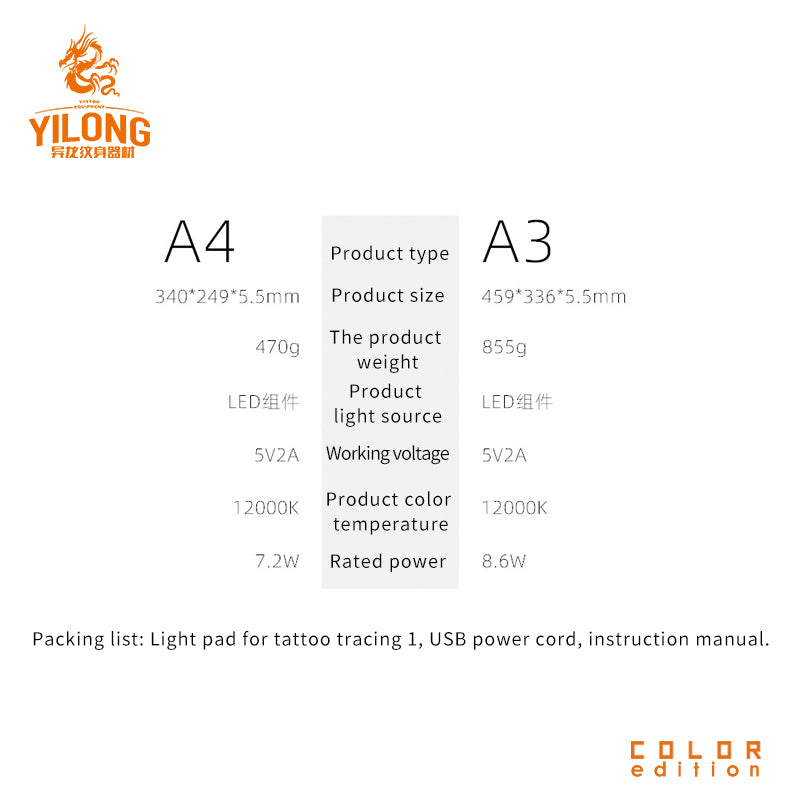 Yilong A3/A4 LED Light pad for tattoo tracing