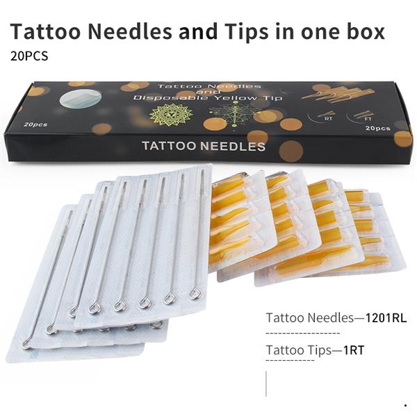 Tattoo Needles and Yellow Tips Mixed 40PCS  Professional Tattoo Needle M1/RM/RL & Disposable Plastic Tattoo Tips FT/FT/RT With Box