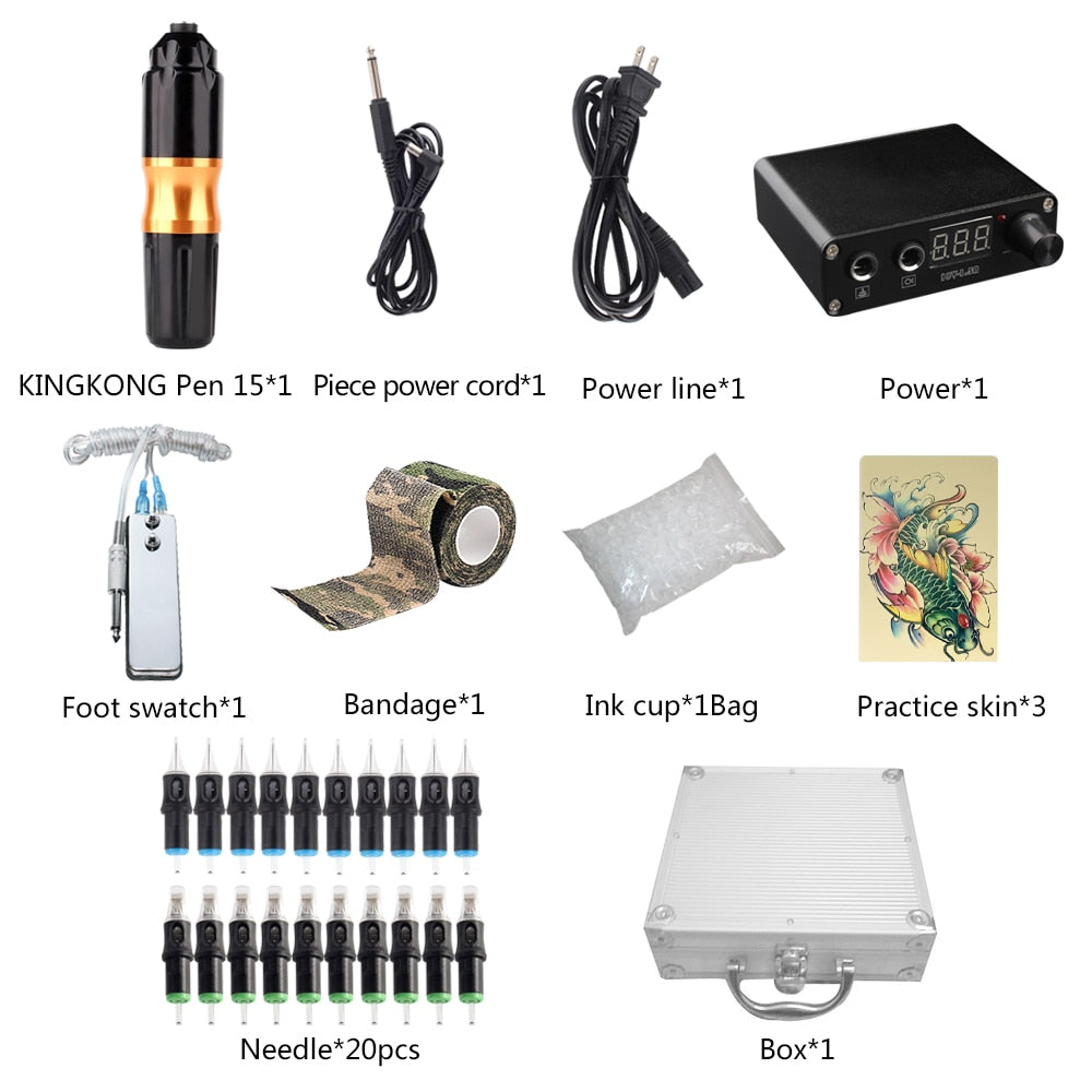 Professional Tattoo Rotary Pen Kits  Cartridge Needles Sets Power Supply with Carrier Box