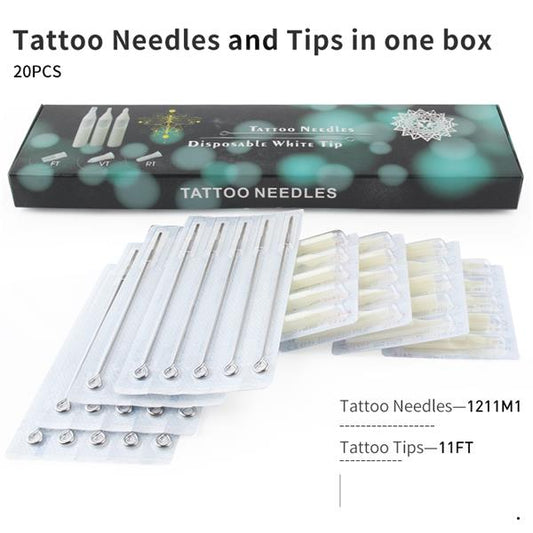 Tattoo Needles and White Tips Mixed 40PCS- Professional Tattoo Needle M1/RM/RL & Disposable Plastic Tattoo Tips FT/FT/RT With Box