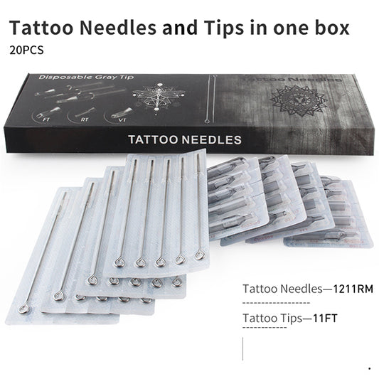 Tattoo Needles and Gray Tips Mixed 40PCS- Professional Tattoo Needle M1/RM/RL & Disposable Plastic Tattoo Tips FT/FT/RT With Box