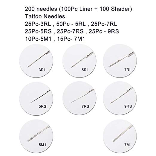 YILONG 200pcs Tattoo Needles (100Pc Liner and 100 Shader) 25Pc-3RL , 50Pc - 5RL , 25Pc-7RL , 25Pc-5RS , 25Pc-7RS , 25Pc - 9RS , 10Pc-5M1 , 15Pc- 7M1