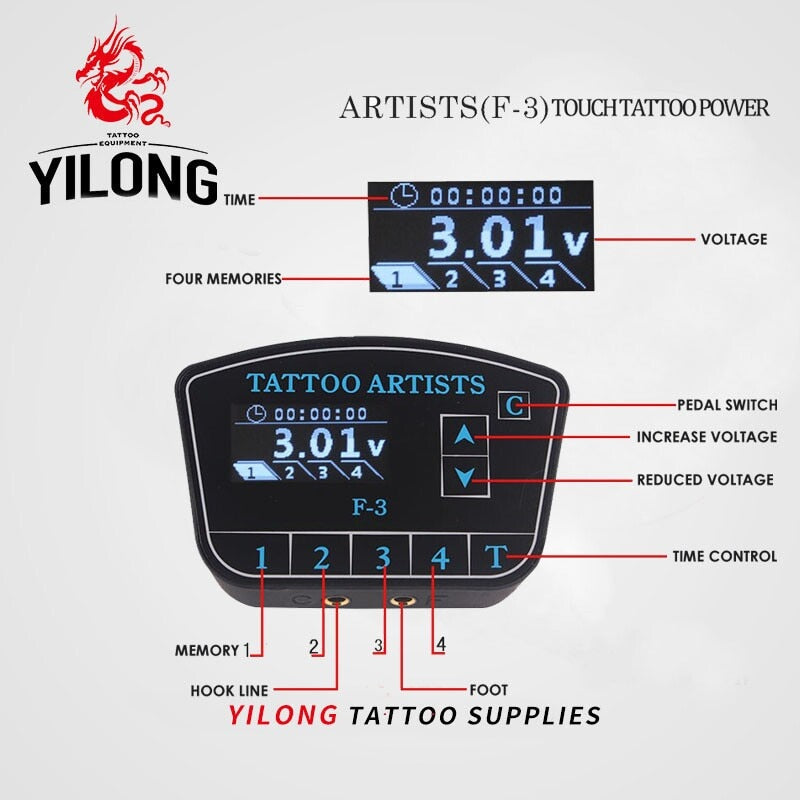 YILONG Digital Tattoo Power Supply High Quality Tattoo Power Supply LCD Display With Plug cord to line tattoos gun free shipping